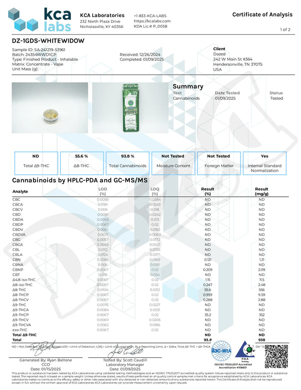 dazed white widow thcp resin disposable vape coa